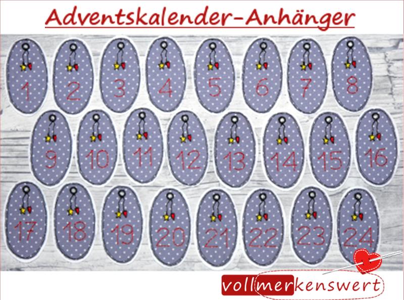 Stickdatei-Set 24 Advenskalenderzahlen Anhänger für Adventskalender im Doodle-Rahmen 1-24 für 10x10cm Stickrahmen S197